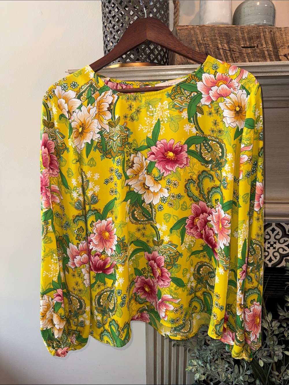 LOFT Yellow Floral Long Sleeve Blouse with Pink & Green Blooms